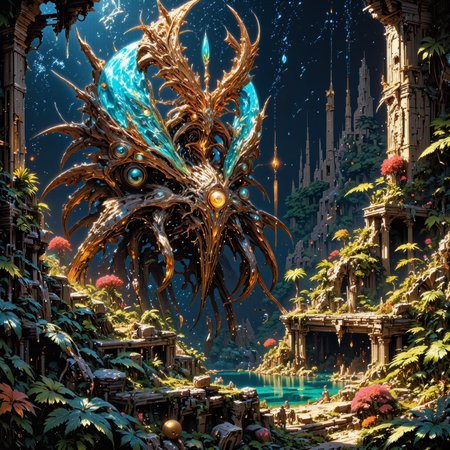 wondrous and otherworldly scenery on a distant planet, very aesthetic, extremely detailed, masterwork, golden ratio, famous artwork inspired by stephan martiniere, dark fantasy style, in the heart of the jungle on planet "shmergelturf tertius", the "nervous dreadlorn" with its opsablopsiated teeth and its glowing tourmentored eyes prowls through the shadows, surrounded by the ancient overgrown ruins of the flimjorgles and the swirling pools of jibberquill,a creature with symmetrical anatomy, perfect proportions, detailed expressive eyes, dappled lighting, in the style of ck-ovf, <lora:ultima-flux-by_sterlingangel:0.44> <lora:epic_gorgeous_details-balance-flux-by_flyway:0.8> <lora:style-oneviolentfantasy-ep21-flux-by_chronoknight:0.8> <lora:faetastic_details-flux-by_faeia:0.72>
