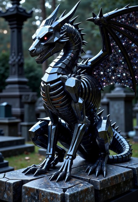 a crystalline dragon skeleton made of cut black onyx and obsidian with subsurface scattering and subtle light transmission, with a small head, monstrous and colossal, stoically guarding an ancient cemetery of monumental gravestones and mausoleums in the dead of night, jagged and empty skeletal ribcage and spine and skull, skeletal wings spread