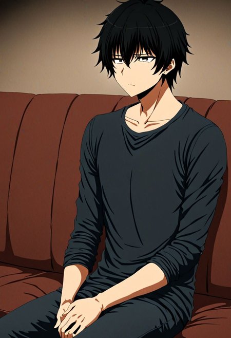 high resolution, solo, best quality, 1Boy, Seiya Kanie, black hair, short hair, thin, deep talk, depression, sit, couch, OverallDetail