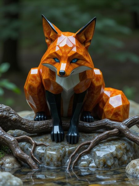 <lora:ck-polygon-gems-0019.safetensors:1> a crafted gemstone model in the style of cklg featuring a
A wicked fox, its orange fur matted and filthy, gazes with malevolent intent from a murky stream. Its piercing blue eyes seem to gleam with dark purpose as it crouches low over the water's edge, surrounded by twisted roots and decaying vegetation.