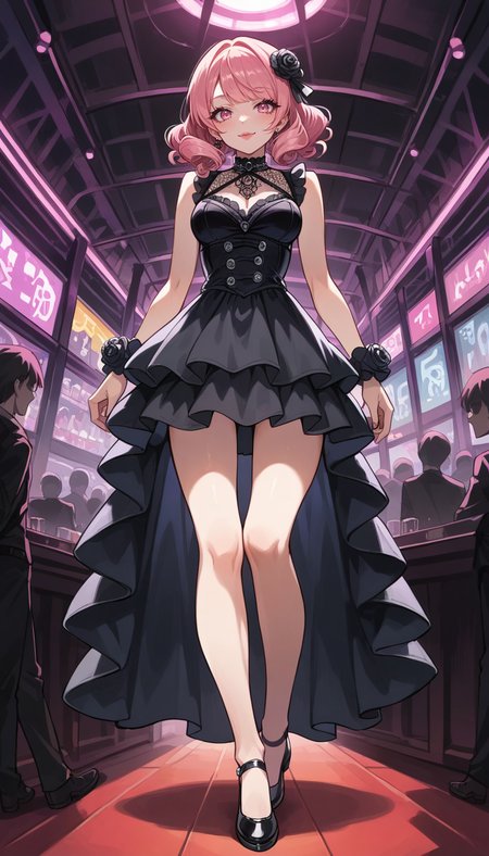 score_9, score_8_up, score_7_up, Anime Style, Full Body Shot, girl, cute, seductive, innocent, light smile:0.3, plump lips, slender body, hard rock idol, curly pink hair, perfect eyes, in high detailed black gothic-suit, ultra-detailed gothic-dress, sleeveless top, short wide skirt, inside a nightclub, depth of field, dynamic angle, fashion photography, sharp, hyperdetailed:1.15