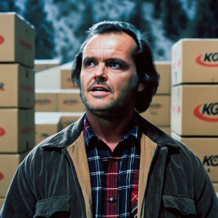 UHD, 4k, ultra detailed, cinematic, a photograph of  <lora:perfection style:0.5> <lora:detailed:0.5> perfection detailed
 <lora:The Shining film style:0.9>
 <lora:1980's style:0.4>
Jack Torrance In the 1980's in the Colorado Rocky Mountains a man standing in front of a stack of boxes looking at something,solo,shirt,black hair,1boy,jacket,upper body,male focus,collared shirt,plaid,black shirt,facial hair,bottle,red shirt,realistic,mustache,stubble,shop , cinematic, film, kodak, The Shining film style, epic, beautiful lighting, inpsiring
