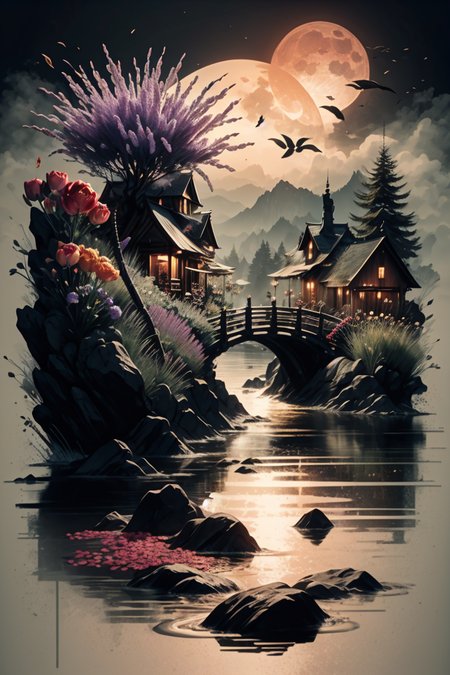 <lora:Calligraphy-ink-style-darquelilly-v1:1> calligraphyinkstyle, different flowers and gemstones, lavender, dahlia, tulips, mimosas, roses and poppies, harmonic fusion, volumetric lighting, night time, moonlight reflects in the water, black background,  <lora:Crystals:0.5> crystalz