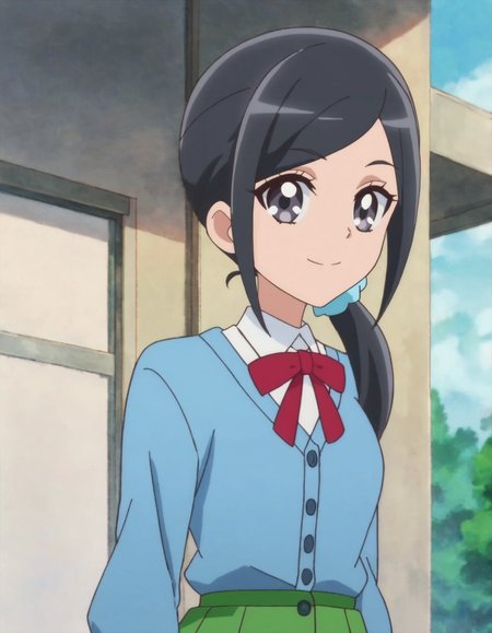 score_9, score_8_up, score_7_up, anime screencap, solo,1girl,sawaizumichiyu, green skirt, shirt, bowtie, white shirt, red bowtie,  school uniform, blue cardigan, red bow,  smile, blue scrunchie, looking at viewer, hair ornament, cardigan, ribbon, cowboy shot,medium breasts,from behind<lora:sawaizumichiyu:0.8>