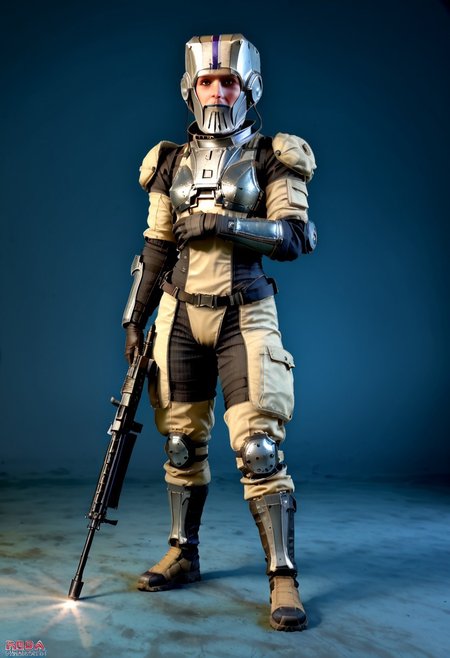 badass Corpus, corpus crewman, Tan and black corpus suit, corpus tileset,  1boy, wearing cirpus crewman outfit, wearing corpus crewman helmet, helmet covering face, face fully covered, holding gun, holding dera rifle, Dera, corpus gun, gun, dera rifle, dera gun, 
(Corpus helmet, wearing helmet, wearing corpus helmet), , (dark shot:1.17), ((epic)) realistic, faded, , art, (hdr:1.5), (muted colors:1.2), hyperdetailed, (artstation:1.5), cinematic, warm lights, dramatic light, (intricate details:1.1), complex background, (rutkowski:0.8),((full body:1.9)), by Blizzard entertainment, big armor, l, wearing corpus helmet, low light, facing camera, lot of details, detailed armor, half side portrait, on corpus tileset, (night time),
