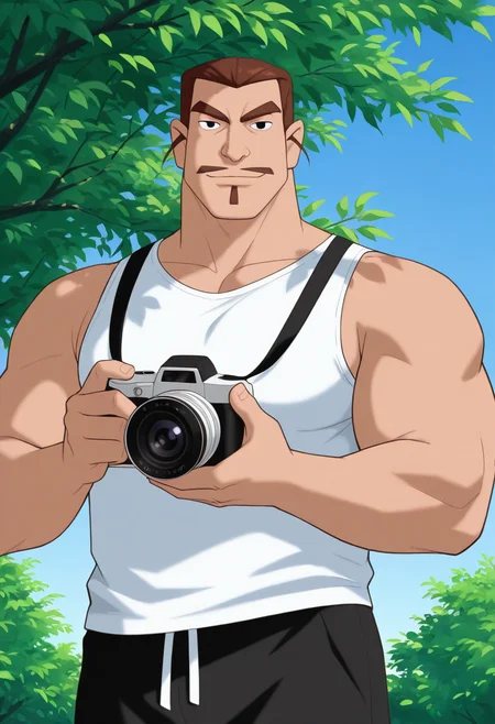 1boy, upper body, white shirt, sleeveless, black shorts, holding camera, looking at viewer, light smile, dappled sunlight, leaf, summer, blue sky, tree, facing viewer,
BREAK
zhouwang, mature male, thick eyebrows, short hair, brown hair, black eyes, mustache, soul patch, short hair, retro artstyle, thick arms, large pectorals,
BREAK
best quality, masterpiece, very aesthetic, absurdres, highest detailed, very awa, <lora:King_Zhou_from_The_Legend_Of_Nezha_v1.0_1627951:1>