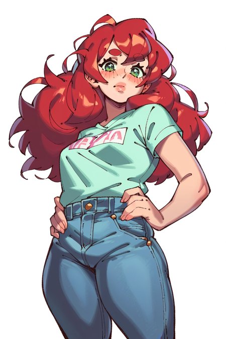 <lora:Rizdraws:1>, score_9, score_8_up, score_7_up, score_6_up, score_5_up, rating_questionable, source cartoon
1girl, pretty face, pretty eyes, detailed eyes, HD eyes, thick thighs
hands on hips, standing, cowboy shot
looking at viewer, blush, eyebrows, long hair, red hair, green eyes jeans, green t-shirt, boots, high waisted jeans
simple background, white background