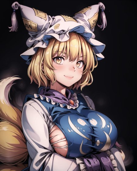 <lora:ran:1>,1girl, (animal_ears, fox_ears:1.1), arms_under_breasts, bangs, blonde_hair, breasts, brown_background, dress, fox_tail, (fox_girl, kitsune:1.1), frills, grey_background, hands_in_opposite_sleeves, hat, long_sleeves, looking_at_viewer, mob_cap, multiple_tails, pillow_hat, short_hair, simple_background, smile, solo, tabard, tail, tassel, upper_body, white_dress, white_headwear, wide_sleeves, yakumo_ran, yellow_eyes, shiny, (kbxll:0.6), masterpiece, best quality, <lora:add_detail:1>, Art_starraisins,  <lora:Art_starraisins:0.6>