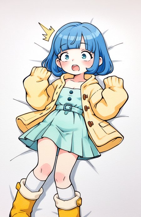 1girl, solo, <lora:qtkat:0.9> qtkat, traditional media, watercolor \(medium\), 
<lora:Seraphi-DQX:0.8> seraphi \(dqx\), bob cut, blue hair, blunt bangs, grey open coat, duffel coat, brown open cardigan, open-chest cardigan, long puffy sleeves, aqua dress, pleated dress, medium dress, sleeves past fingers, long sleeves, white over-kneehighs, yellow fur-trimmed boots, lying, face up, eyes popping, mouth open, surprised, extremely detailed, highres, masterpiece, best quality
