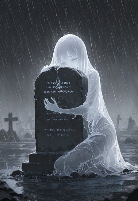 1 girl , ghost girl , grave stone , hugging , kneeling , tear , raining , 
masterpiece, best quality, good quality, very awa, newest, highres, absurdres,
