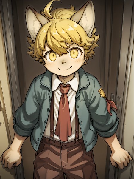 masterpiece, best quality, (absurdres), (highest quality), amazing quality, very aesthetic, no humans,
BREAK, <lora:Malt_Marzipan:1>, malt marzipan, fuga: melodies of steel, young male, 1boy, animal ears, yellow eyes, blonde hair,
BREAK, brown pants, suspenders, shirt, necktie, jacket,
BREAK, looking at viewer, smile