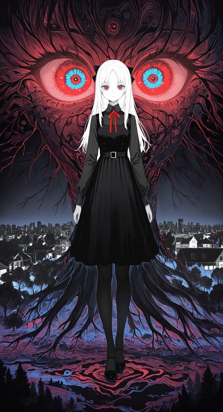masterpiece, best quality, good quality, very awa, newest, highres, absurdres,  1girl, solo, long hair, looking at viewer, blue eyes, shirt, long sleeves, red eyes, dress, bow, ribbon, closed mouth, standing, full body, monochrome, hair bow, pantyhose, shoes, sleeveless, black footwear, black dress, parted bangs, black pantyhose, tree, sleeveless dress, neck ribbon, expressionless, building, spot color, straight-on, pinafore dress, eyeball, limited palette, giant, house, horror \(theme\), surreal, eye focus, limited palette, sketch, glowing, psychedelic, <lora:illustriousXL_stabilizer_v1.23:0.3> <lora:NOOB_vp1_detailer_by_volnovik_v1:0.3> <lora:ponyv6_noobE11_2_adamW-000017:0.3> <lora:114558v4df2fsdf5:0.7> <lora:mon_monmon2133:0.6>