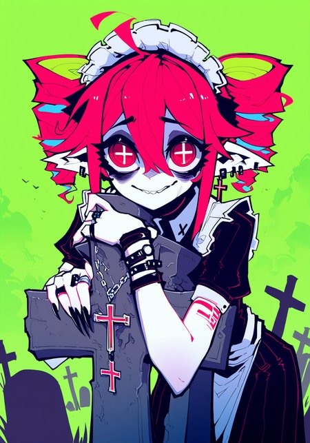 1girl, solo, kasane teto, maid, upper body, multiple ear piercing,multiple earrings, deformed,  big eyes, detailed eyes, depressed, bags under eyes, twin drills,   leaning forward, elbow rest, looking at viewer, hair between eyes, long bangs, csad smile, stifled laugh, cross, multiple rings, colored inner hair, long nails, maid headdress,   red eyes, symbol-shaped pupils, pointy ears,  chains, jewelry, cross earrings,  skinny, hugging object,  white skin,
masterpiece,best quality,absurdres, very awa, perfect composition, highly detailed, artist:imazawa, artist:Syvaron,   <lora:vivid:0.8>, <lora:spo_sdxl_10ep_4k-data_lora_webui:1>, graveyard, simple background, tombstone,  abstract background, green_theme, hromatic aberration,