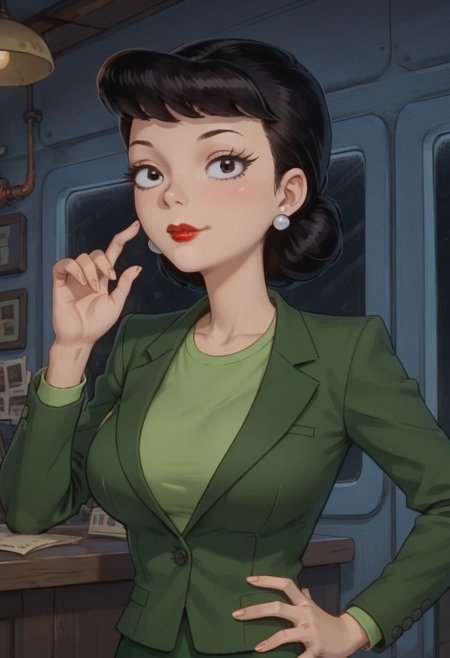 ((room background)),score_9, score_8_up, score_7_up,score_6_up, 
1girl, solo, Hillary_HA, light skin, black eyes, black hair, short voluminous hair, red lips, round white earrings, dark green blazer with shoulder pads, dark green pencil skirt, light green shirt underneath, white heels, cute, tall, social smile, perfect eyes, perfect smile, looking at the viewer, detailed eyes, perfect eyes, standing, big breasts (front pose, bust shot) five fingers, perfect hands, (hand on hips, hand up)