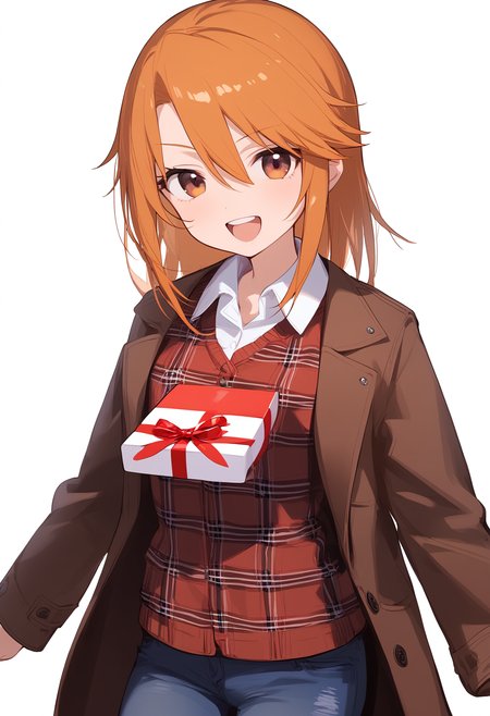 1girl,
yuuki haru,


open clothes, smile, holding, short hair, holding box, :d, standing, simple background, white background, jacket, red shirt, plaid shirt, orange hair, upper teeth only, box, collared shirt, teeth, open mouth, open jacket, pants, cowboy shot, white shirt, hair between eyes, shirt, orange eyes, holding strap, looking at viewer, denim, jeans, brown jacket, alternate costume, tomboy, holding gift, gift box, gift, plaid,

sfw
<lora:a31_char_new_yuuki_haru-000014:1> <lora:a31_style_koni-000010:0.8>