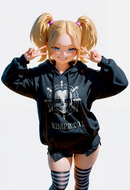 solo, solo, OD_sara, 1girl, plump lips, blue eyes, short hair, parted bangs, blonde hair, twintails, big hair, big twintails, hair tie, black hoodie, black striped thigh high socks, (oversized hoodie:1.35), black shorts, standing, looking at viewer, excited, big smile, double v, bedroom eyes, seductive eyes, seductive smile, in heat, (simple background, white background), <lora:ponyxl\cfg_scale_boost:0.8> <lora:IL\KMS_OD_Sara_IL-000009:1>