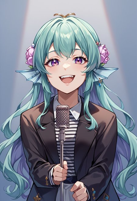 score_9, score_8_up, score_7_up, source_anime, 1girl, solo, finana1st, long hair, hair flower, IncrsNeverGonnaGiveUUp, smile, looking at viewer, open mouth, microphone stand, upper body, black jacket, striped shirt, suit, open jacket, <lora:spfinanaRyuguXLPony:1>, <lora:NeverGonnaGiveYouUp_XLPD:1.0>