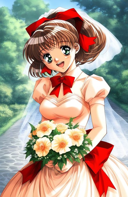 score_9, score_8_up, score_7_up, source_anime, rating_explicit, BREAK  <lora:Sunohara_Suzuha_XL:1>Sunohara_Suzuha, solo, brown hair, green eyes, red bow, hair bow, medium hair, ponytail, medium breasts,
wedding dress, outdoor, day, happy, standing,