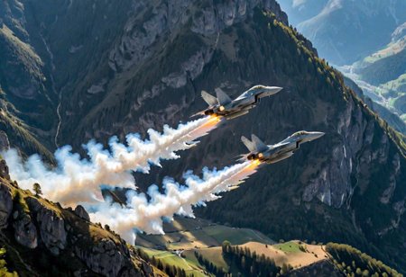 (Pilots flying the Euro Fighter jets between mountains), (displaying the low level flying capabilities of the Euro Fighter jets), hitting amazing speeds as the tilt and wind through the valleys and canyons, (view from side of euro fighter jets), (launching missiles with a stream of white vapors with flames), (a true display of military might power), (motion scenes), (pain staking attention to fine details of the jets) ,4k, surreal, (epic photography),