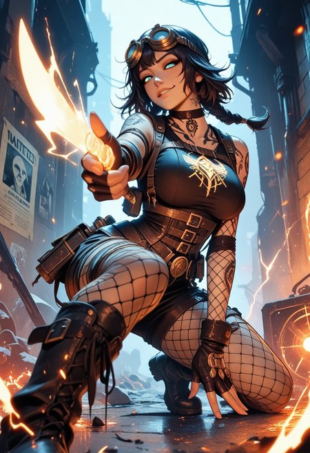 highres, very detailed, amazing quality, masterpiece, very aesthetic, glitter, particle effect, 1girl, solo, beautiful eyes, tan skin, double braided ponytail, tattoo, arm tattoos, neck tattoos, chest tattoos, skimpy top, body strap harness, fishnets under clothing, large breasts, choker, seducing, seductive, flirty, tender, loving, playful,
steampunk combat mage, tactical gear fused with arcane design, glowing brass fittings, enchanted utility belts, belts with vials of glowing liquid, arcane badge on hip, goggles pushed up on head, armored fingerless gloves, corset-integrated spell amplifier, glowing circuitry tattoos, magical police emblem,
charging a spell in one hand, electricity and flame swirling violently, intense smirk, eyes glowing with arcane authority, foreshortening on outstretched arm casting forward, spell circle forming at viewer POV, smoke and debris rising around her boots,
ruined steampunk city, flickering streetlamps, shattered clockwork constructs around her feet, magical crime scene runes glowing on walls, wanted posters fluttering in spellshock wind, embers drifting in the air, dramatic orange/blue contrast lighting,
angle from below to emphasize dominance and power, cinematic lighting, dramatic depth of field, sparks and ash particles in foreground for motion blur
