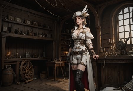 ,ruanyi1288,,ruanyi1135,asymmetrical clothes,belt,bandages,frills,gold necklace,hat feather,single glove,white shorts,thighhighs,jewelry,single gauntlet,<lora:1288 Inside the ruined ship_v1_pony:1>,<lora:1135 Gunslingirl_v1_pony:0.7>, score_9,score_8_up,score_7_up,,8k,1girl,solo,,