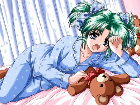 general,highres, ultra-detailed,very aesthetic,best quality ,best hands, BREAK <lora:Minase_Ruka_Akumu_AoiKajitsunoSange_IS:1>
Minase_Ruka, 1girl, solo, green hair, short twintails, blue eyes, hair ribbon, blue plaid ribbon, 
sleeping,
blue pajamas, long sleeves, pajamas, teddy bear, on bed, shirt, hand up, curtains, polka dot,
Yawn,