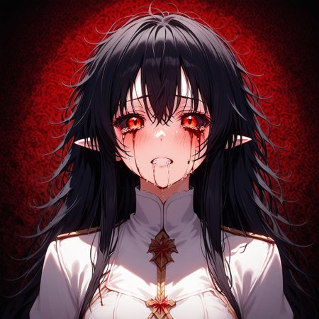 Drestoria-Style_V2, (masterpiece), (best quality), source_anime, perfect anatomy, digital_media_(artwork) hi_res, intricate, high quality, amazing quality, Highly Detailed, Perfect Face, elf, knight, ((red eyes, black sclera:1.4), black hair, messy hair, long hair, wild hair), semi-realistic, nose, detailed background, (full body, full body view), Bloody Tears