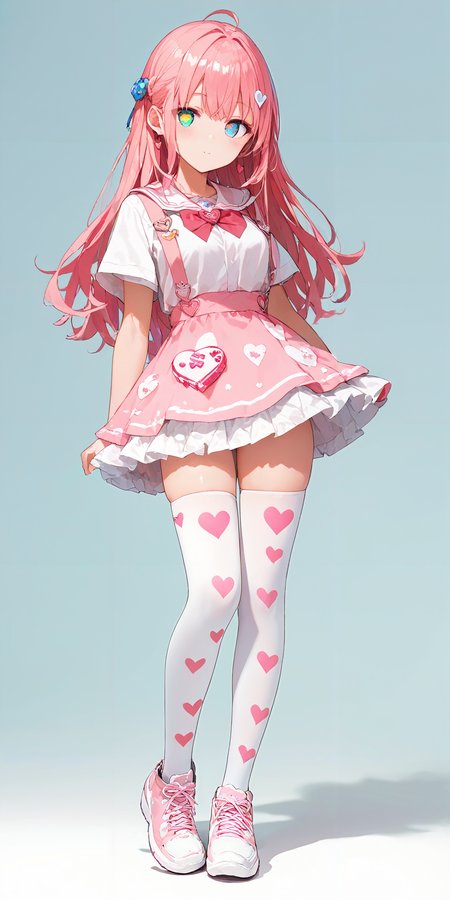 score_9, score_8_up, score_7_up,source_anime, high res image,masterpiece,best quality,girl,cute face,clear skin,shiny hair,ultra detailed eyes,simple background, <lora:ni-so_pony_V1.0:1.2> jyojifuku, thighhighs,heart print
