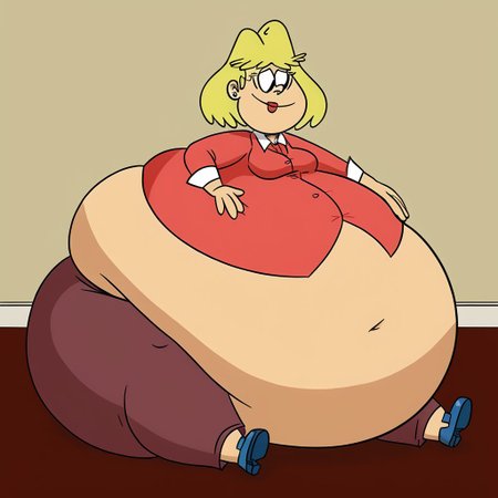 female, rita loud, 1girl, solo, blonde hair, short hair, earrings, jewelry, smile, lipstick, stud earrings, shirt, pants, Gigantic tummy, Gigantic tummy, sitting on floor,
