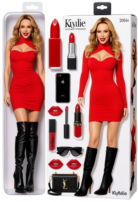 starter pack with toy figure of Kylie Minogue  ,form fitting red dress         - black overknee boots, ,  Lipstick accesorie, high heel boots accessorie, handbag  accessorie, smartphone ,    ,