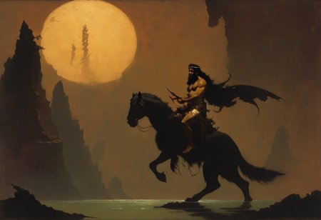 Frank Frazetta fantasy dark fantasy oil painting of  AhuramazdaV1, he has light brown skin and flowing straight black hair.