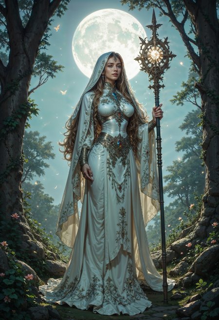 A serene figure draped in flowing silver silks that shimmer under the pale glow of an eternal full moon. Her long hair cascades like liquid moonlight, adorned with delicate crystal flowers that hum with gentle energy. She holds an ornate crescent staff, its gemstone core radiating a soft, ethereal glow. Around her, luminescent moths dance in the air, their delicate wings trailing streaks of light as they flutter through the misty glade. The ancient trees surrounding her are entwined with glowing vines, their leaves whispering forgotten lunar hymns. A sense of quiet reverence and mystery permeates the air, as if time itself has slowed to bask in her presence.