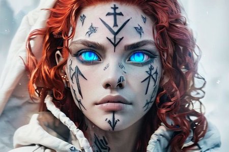 bright red hair, human female, (feminine:1.7), (beautiful face, detailed face:1.6), (beautiful eyes, detailed eyes:1.7), (looking at viewer, eye contact, intense:1.6), (long hair, red hair, curly hair:1.3), , ((masterpiece, best quality, high resolution, realistic, best quality,)), photo realistic, Perfect Face, (detailed face). <lora:GoodHands-vanilla:0.6> <lora:add-detail-xl:0.8>, mage, (Dress White military uniform coat), dagger, rune dagger, glowing runes, , (((glowing magic symbols tattoos, religious tattoos))), ((face tattoos)), glowing tattoos, stone tower in the background