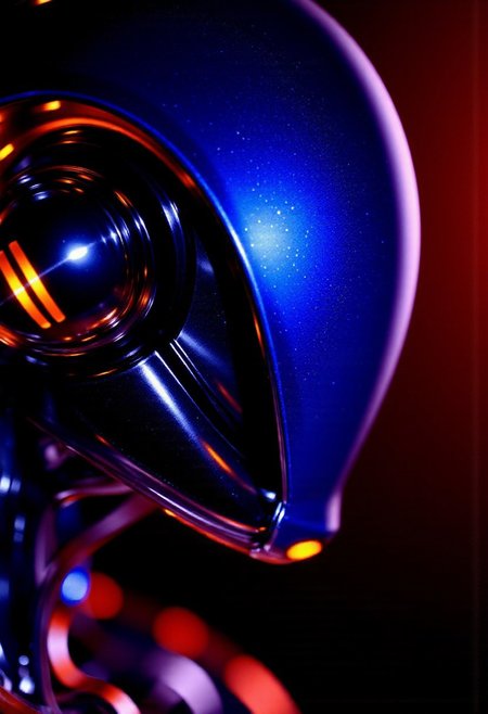 faceless android in the style of ckfa. Modular humanoid design. Future AI robot. 
Fractals and bokeh swirl in brilliant shades of blue, purple and red. burned colors glowing with orange heat. Bands of white light dash across the canvas. High saturation and contrast. sharp lines come into focus.
high-contrast palette, highly detailed, cinematic quality, modern art, timeless feeling || DarkAtmosCE style, vantablack, Rembrandt Lighting style, partially covered in shadows, Chiaroscuro Lighting Style, Covered in shadows