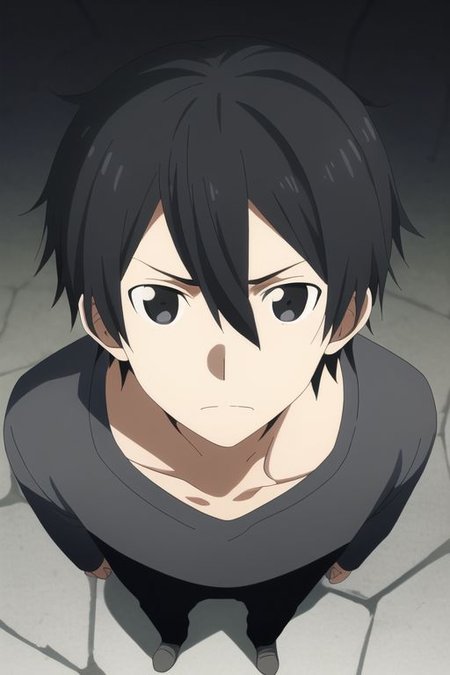 high resolution, professional photography, best quality, 1Boy, Kazuto Kirigaya, Black Hair, Black Eyes, standing, straight facing upwards, casual, seen from above, arrogant face, dominant, intimidate,
