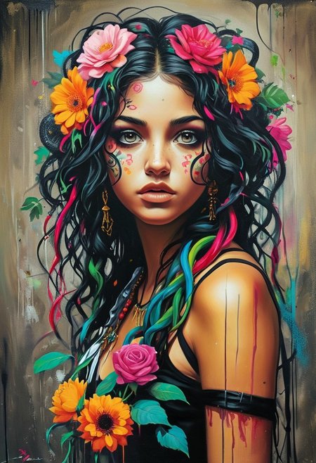 Mexican Girl,([by Banksy|by Christopher Balaskas]:1.5), (colorful Medusa, with flowers entwined in her hair, petrifies with a single gaze, awardwinning, masterpiece, (Lovecraftian horror:1.3) <lora:xl_more_art-full_v1:0.5> <lora:add-detail-xl:0.7> <lora:MJ52:0.4>