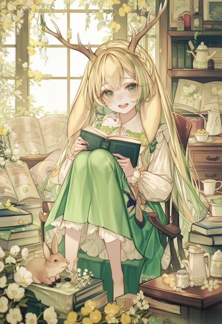 score_9, score_8_up, score_7_up, score_6_up, <lora:yoggiXL_P6_lokr_V43P1:0.95>   1girl, green eyes, book, animal ears, long hair, flower, solo, sitting, looking at viewer, smile, antlers, horns, open mouth, cup, blonde hair, holding, string of flags, white shirt, window, shirt, multicolored hair, chair, food, frills, knees up, deer ears, long sleeves, head tilt, very long hair, plant, :d, rabbit, green skirt, skirt, open book, book stack, dress, yellow flower, rabbit ears, indoors, deer antlers, table, tree, pennant, jar, white flower, braid, blush, green hair, stuffed toy, teapot, green dress, upper teeth only