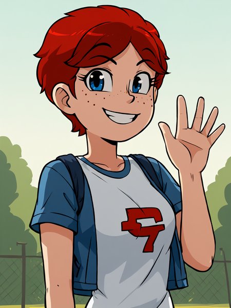 score_9, score_8_up, score_7_up,  score_6_up, BREAK, N1ch0le,  1girl, solo, short hair, blue eyes, red hair, freckles, smile, upper body, raise left arm, day, outdoor, waving, looking at viewer, Volumetric Lighting  <lora:Nichole-000010:1>