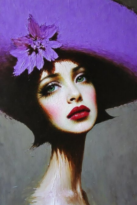 talo1 painting.
An eye-level view of a woman's face, adorned with a white face and red lipstick. Her eyes are a piercing green, and her hair is a vibrant shade of purple. The woman's head is encased in a large purple hat, adding a pop of color to the scene. The background is a muted gray, and the woman's shadow is cast on the left side of the frame.
 <lora:talo1_cap_d6a3e15:1.0><lora:828758053655459715:0>