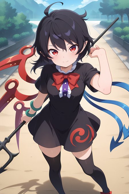 absurdres, highres, masterpiece, best quality, amazing quality, official anime artwork, screencap, anime screencap, outdoors, looking at viewer, light smile, dynamic pose, standing, 
 <lora:Nue-Houjuu_Illustrious:1> houjuu nue, 1girl, solo, red eyes, black hair, short hair, ahoge, pointy ears, asymmetrical wings,, black dress, black thighhighs, red bowtie, center frills, footwear bow, frills, snake armband, figthing stance, holding trident,