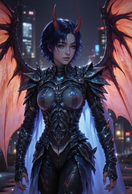 ultra realistic  iphone photo of  a fantasy cyberpunk warrior with demonic features. futuristic cyberpunk night city.. The subject is a female warrior with short, dark hair, sharp, pointed horns on her head, and large, bat-like wings with red membranes and dark veins. She wears ornate, blue and silver (((cybernetic armor))) with intricate designs, including a cybernetic chest plate, shoulder guards, and laser gauntlets. Red eyey. Her body suit features a mix of (((black latex))) and sci-fi metal, with a flowing, dark blue digital (((holographic projection))) cloak that billows behind her. cybernetic landscape. night time, dark contrast, low lighting, led reflections in puddles, Bold, iconic, dynamic, dramatic, complex background, gorgeous, extremely intricate details. (photorealistic:1.2), hdr, 8k, exquisite, sharp, elegant, ambient lighting, fantasy vivid colors