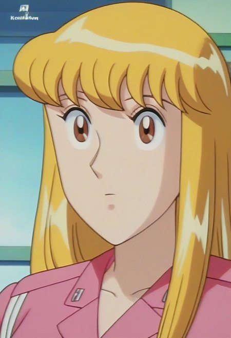 masterpiece, best quality, , anime screencap, anime coloring, official style,uncensored,1girl, solo, (kochikame, akimoto reiko, huge breasts, blonde hair, pink suit),