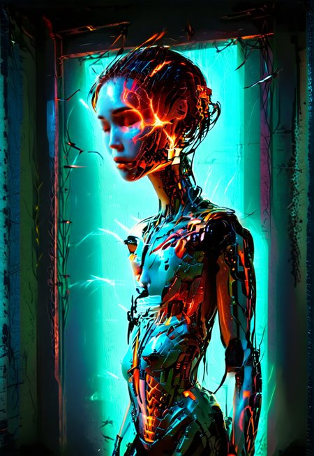 Slumped in an abandoned workshop lies a broken and discarded female android, eyes closed and permanently shut down. She is spectacularly gritty, but somehow still hauntingly beautiful.  With mesh neon lights, cobwebs and rusted metal, poetically post-apocalyptic. 

evi@decrepPunk, dark fantasy, bioluminescent, glowing, SongbirdSoMi, short hair, long hair, mechanical parts, mechanical spine,  mechanical arms, mechanical hands, mechanical jaw, moody-dark, secretlab