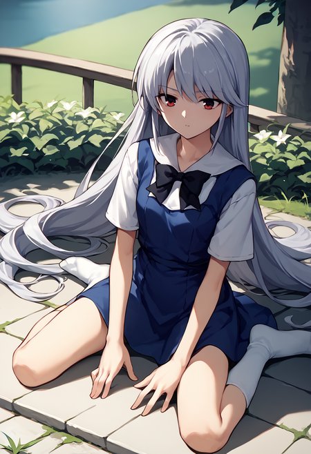 score_9, score_8_up, score_7_up, source_anime,  1girl, kneeling, spread legs,   <lora:Wariza 2-000009:1>     <lora:Kazuki Dorer:1>  Kazuki, silver hair, long hair, red eyes, white shirt, blue dress, black bow, white socks, outdoors,