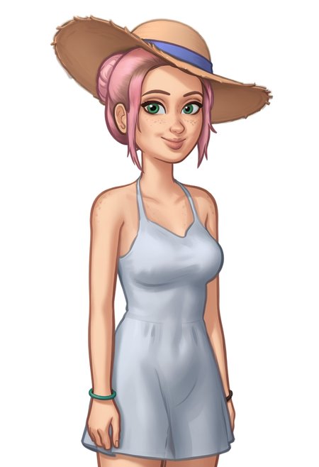1girl, solo, Br00klynn, green eyes, freckles, pink hair, short hair, single hair bun, bracelet, sundress, sun hat, straw hat, <lora:Brooklynn - Camp Cretaceous-000010:1>,  looking at viewer, smile, <lora:SummertimeSagaXL_Pony Reupload:0.9> Drawn in the style of Summertime Saga, cowboy shot, standing, white background, simple background,
