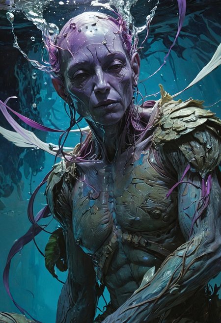 This captivating artwork embodies the essence of surrealism, featuring Ashley Wood's enigmatic subject suspended in a dreamlike atmosphere. The macro shot captures the subject in exquisite detail, showcasing the artist's mastery of a stylized, hyper-detailed, and comic book-inspired art style. The composition is awash in vibrant colors, bold lines, and exaggerated textures, eliciting an air of imagination and fantasy.
The subject's incredible facial expression, adorned with subtle, emotive wrinkles, further adds to the piece's captivating appeal. Soft, gradient lighting and deep shadows create a moody color scheme, with a focus on blues and purples, immersing the viewer in a fantastical world.
The perfect composition, incredibly detailed masterpiece, epitomizes the best quality of digital art, and the imaginative, dreamlike, and vibrant nature of the piece makes it a true testament to the artist's skill and creativity in the realm of fantasy illustration.