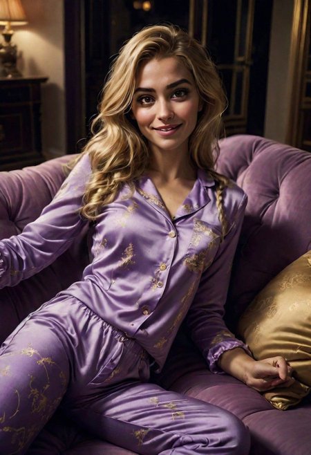 Ultra Realistic, cinematic, high angle, chill,  slender Rapunzel, 30yo, just awake, disheveled hair, classy light purple lacing pyjama with golden patterns, slumped on a  sofa, glam, making a selfie, flirty, smile, Canon EOS,  professional picture