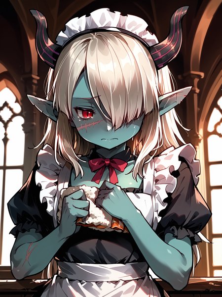 (upper body, solo:1.1) <lora:happy_tentacle-necromancer-v0.3-000037:1>, ht_necromancer, colored skin, horns, scar on leg, scar on stomach, scar on cheek, (petite:1.2), <lora:Shed_The_Skin's StS_age_slider_v1_initial_release:-1.3> ( :1.1) ( , , (sad :1.2) , smile , (looking down:1.2) :1.2) , indoors, ((day :0.6), (cloudy sky:0.6) :0.8), ( :0.9), (furniture:0.9), loaded interior , , , , (gothic architecture :0.8), cleaning, (maid:1.2), maid headdress ( :0.8) score_9, score_8_up, score_7_up, score_6_up, score_5_up, score_4_up, ( [(realistic, photorealistic:1.3):(realistic:1.2):16] [(3d:1.2)::14] :1) <lora:LUUNA's Lunas-NijiJourney-SDXL-B2:0.35>, nijijourney <lora:prgfrg23's Counterfeit-V3.0 Style SDXL_LoRA_Pony Diffusion V6 XL:0.5> <lora:mfcg's mfcgXL:0.12> <lora:reweik's gyokai(himehajime)_PonyXL_style_v01:0.14>