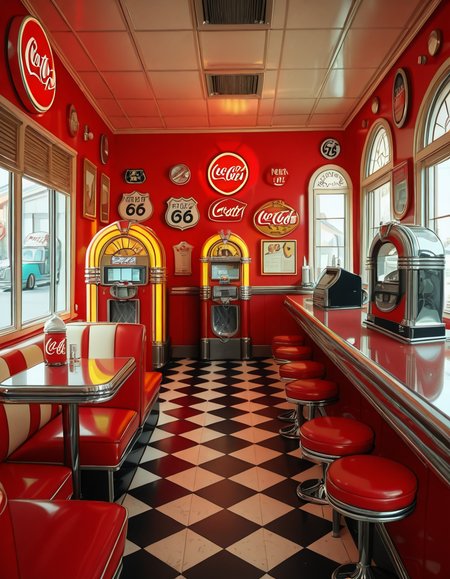 A classic 1950s American diner with a nostalgic retro atmosphere. The interior features red and white leather booth seating, chrome-trimmed tables, and a long counter with matching red barstools. A vintage jukebox with colorful neon lights stands against the wall, ready to play rock 'n' roll hits. The checkered black-and-white floor contrasts with pastel-colored walls adorned with Coca-Cola signs, Route 66 memorabilia, and classic diner menus. A row of shiny chrome napkin dispensers and glass salt and pepper shakers sit neatly on the tables. A milkshake machine and an old-fashioned soda fountain rest behind the counter, next to a vintage cash register. Large windows let in soft daylight, reflecting off the gleaming surfaces, creating a warm and inviting retro ambiance.
<lora:SDXLFaeTastic2400:0.4> <lora:extremely_detailed:0.4> extremely detailed,1950s American d1n3r, <lora:1950s_American_d1n3r-i:1>, Masterpiece,best quality,hi res,8k,hi res,8k,award winning,(sharp focus, intricate, highly detailed),