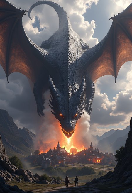 aidmaHyperrealism, NewFantasyCore. A colossal, legendary dragon towers above a small village, its massive black and white form eclipsing the sky. The dragon’s scales shimmer with an ethereal, magical glow, rippling with arcane energy. Its wings stretch wide, casting an immense shadow over the earth as it flies effortlessly, each beat of its wings sending gusts of wind strong enough to tear through trees. As it hovers above the village, its piercing, glowing eyes lock onto the homes below. With a deafening roar, the dragon opens its mouth, releasing a torrent of fiery breath, so powerful and wide that it engulfs the entire village in a single, devastating wave. The buildings crumble and burn in an instant, as if they were nothing more than fragile paper in the face of the dragon's immense power. The beast is an embodiment of destruction, a force of nature so massive and magical that even the ground trembles beneath its presence